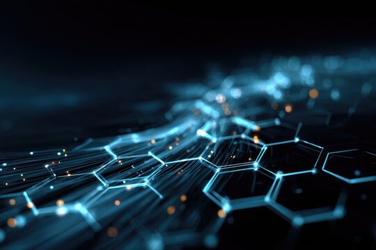 Abstract 3D rendering showcasing glowing hexagonal structures and interconnected light trails - Powered by Adobe