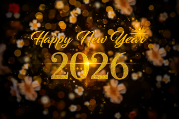 A Happy New Year 2026 card with blooming white flowers on the dark background.