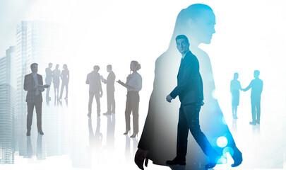 Silhouettes of professional people in business attire interacting and walking, overlaid with cityscape, on a bright white background, symbolizing teamwork concept