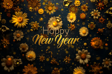 A happy new year card with text Happy New Year on beautiful blooming flowers background.
