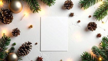 Festive Christmas flat lay composition with a blank white card mockup, fir branches, pine cones, and glowing lights on a textured background