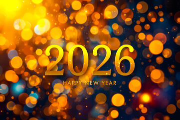 A New Year card with the golden text Happy New Year 2026 on colorful bokey background.