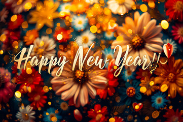 New year card with text Happy New Year on colorful flowers and bokeh background.