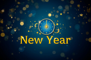 New year card with the clock at 0 o'clock and letter New Year on the blue night sky background.
