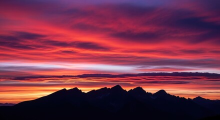 Blazing Crimson Sky: A Dramatic Sunset Over a Jagged Mountain Silhouette