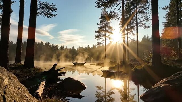 Tranquil morning mist rises from a serene lake surrounded by pine trees as the sunbeams break through.