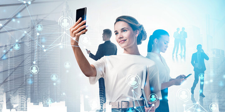 Group of professionals with smartphones and digital icons over a bright cityscape, in a futuristic style, representing a social networking concept