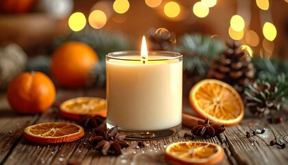 Warm and inviting Christmas candle glowing with festive holiday decorations on a wooden surface