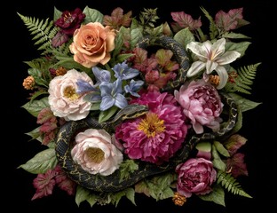 Floral arrangement with snake coiled among peonies, roses, lilies on dark ground