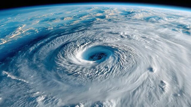 Eye of the Storm: Captivating aerial view showcasing a colossal hurricane, its spiral of clouds swirling ominously above the Earth. A dramatic visual that underscores the power of nature.