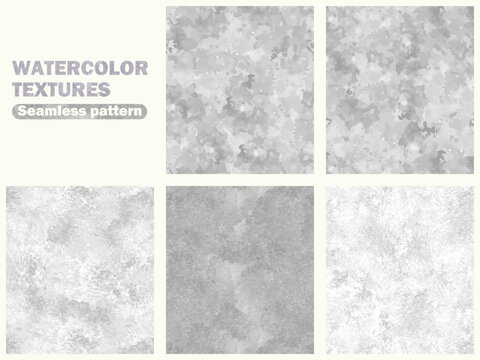 Seamless watercolor texture patterns set. Gray monochrome ink wash backgrounds.
