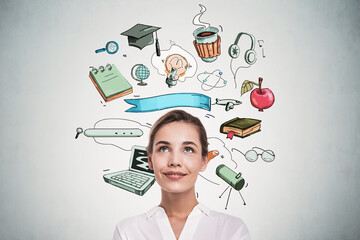 Smiling woman looking up at colorful hand-drawn educational icons including books, laptop, light bulb, and science tools on a light grey background