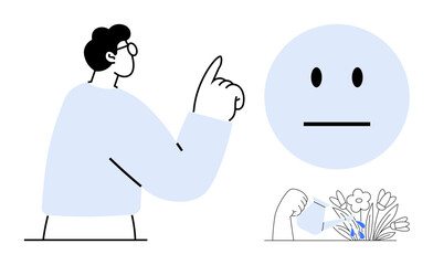 Man raising finger as if making a point, neutral face emoticon, crushed flowers under a clenched fist. Ideal for communication, emotion, conflict, frustration, decision-making, loss simplicity