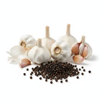 Garlic Bulbs and Black Peppercorns Rustic Group Isolated on White