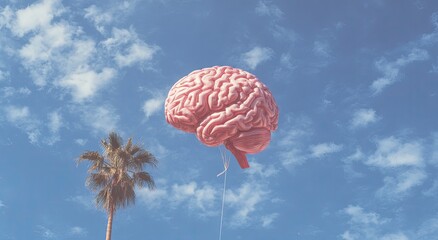 Brain-shaped balloon floats in the sky near a palm tree on a sunny day