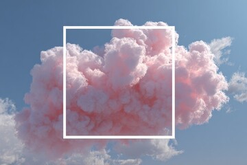 Pink cloud framed by square, against blue sky, some fluffy clouds