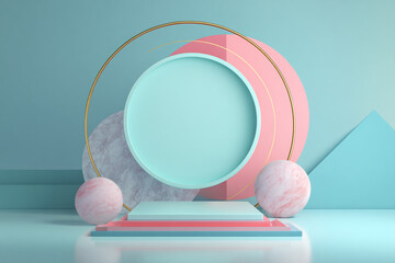 A clean abstract display with a light blue podium flanked by pink marble spheres and geometric shapes accented by a golden ring against a soft teal background