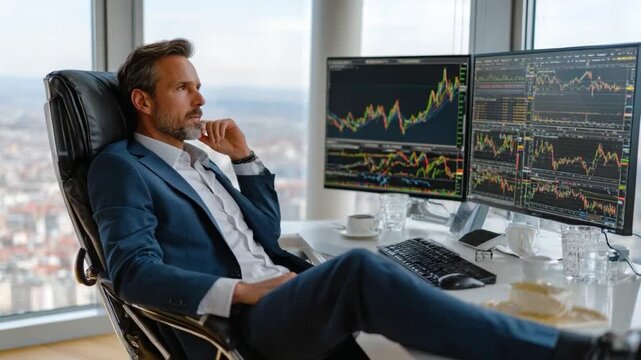 Reflective Financial Strategist: A composed and thoughtful professional gazes out a window, strategizing the day with charts displayed on dual monitors.