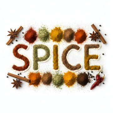 Word SPICE Written in Flour and Spice Powders Isolated on White