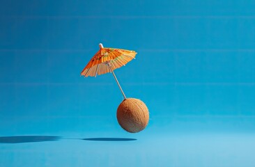 Coconut with a paper umbrella balancing on a stick, on light blue background