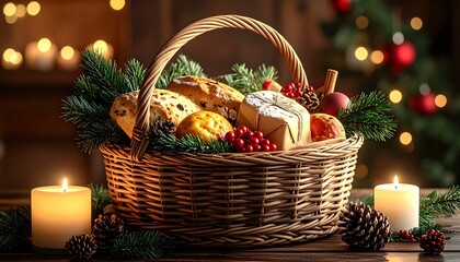 A Woven Basket Overflowing with Festive Delights, featuring Fresh Bread, Cheese, and Berries, Illuminated by Warm Candlelight and Blurry Holiday Ambiance