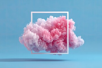 Pink and lavender cloudscape trapped in a white square against blue background