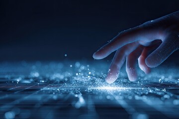 Digitized hand interacting with a digital landscape, highlighting innovation and connectivity