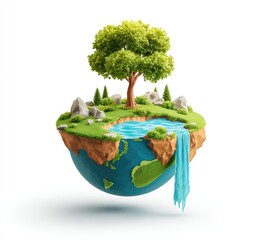 Floating earth fragment with tree, waterfall, grass