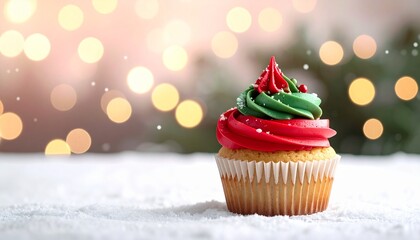 Deliciously festive red and green cupcake standing proudly on a snow-covered surface with magical bokeh lights in the background, embodying the sweet spirit of winter celebrations