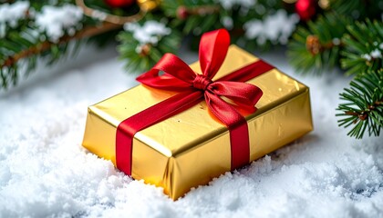 Beautiful golden gift box with a bright red ribbon and bow, resting on sparkling white snow, symbolizing the joyful spirit of Christmas and holiday giving
