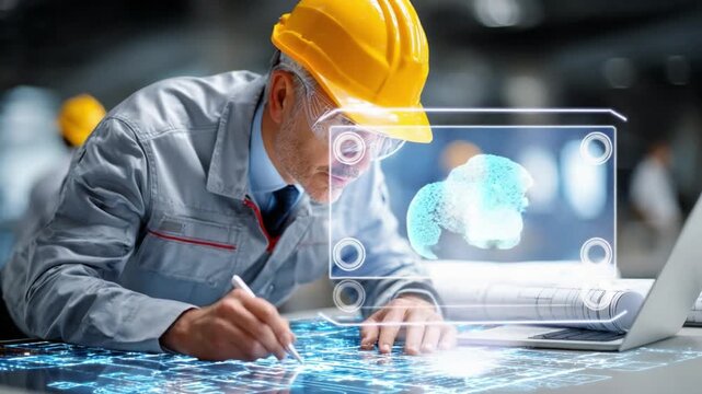 Blueprint of Ingenuity: A seasoned engineer, adorned in a hardhat, meticulously reviews the blueprint while a holographic interface floats above the desktop.