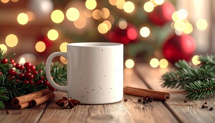 Cozy Christmas mug with cinnamon sticks and star anise on a wooden surface with festive bokeh lights in the background