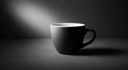 Chiaroscuro Still Life: A Solitary Black Mug in a Contemplative Spotlight.
