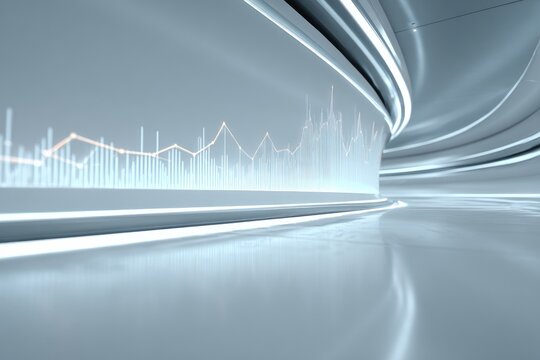 A futuristic tunnel with a glowing display of financial data. The interior is glossy and reflective