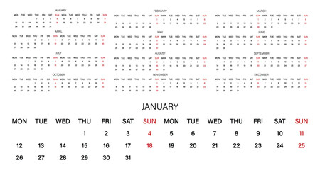 Simple calendar of 2026. 2026 Monthly calendar template with horizontal layout. Transparent vector