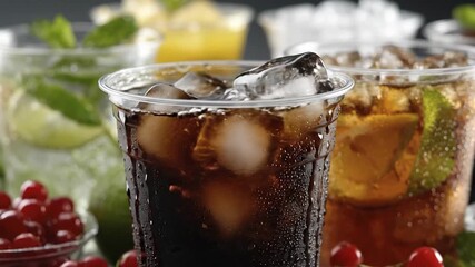 Close-up view of a refreshing cold dark soda with ice cubes in a disposable plastic cup, covered in water droplets. The blurred background features assorted summer cocktails, iced tea, and lemonade ga