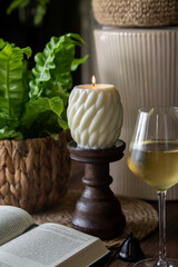 Cozy Home Scene With Decorative Candle, Green Plant, Book and Glass of White Wine