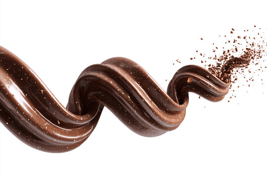 A luscious chocolate stream twists dynamically adorned with small nut pieces against a clean white background a delightful cascade of sweet goodness