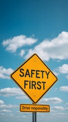 Naklejka premium Prioritize safety and drive responsibly under a clear blue sky with fluffy clouds, promoting awareness and careful driving habits on the roads