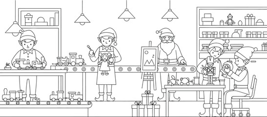 Obraz premium Santa's workshop with elves making toys on a conveyor belt