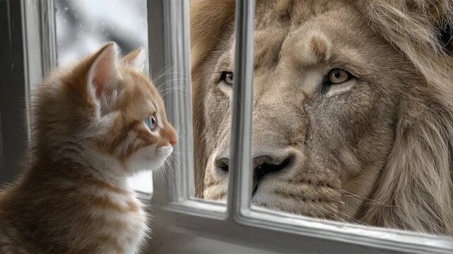 Unlikely Companions: An adorable kitten and a majestic lion find themselves in a moment of curiosity, the small feline gazes at the king of the jungle through the window.
