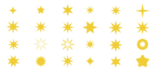 Stars vector icons including golden stars on white background, ideal for ratings graphics, decorative illustrations, digital designs, and celestial-themed vector artwork.