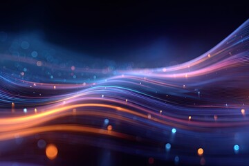 Abstract digital artwork with flowing light trails and bokeh on dark gradient background