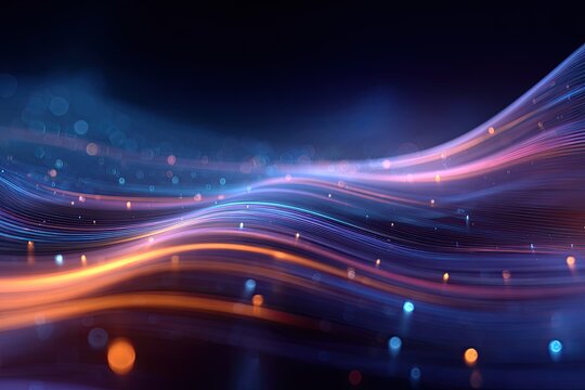 Abstract digital artwork with flowing light trails and bokeh on dark gradient background - Powered by Adobe