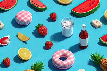 Playful summer scene of fruit slices, objects, and food on a vivid blue backdrop
