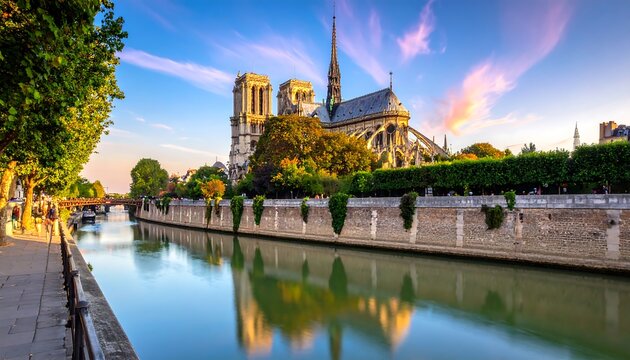 Paris Seine Riverfront with Notre Dame Cathedral.