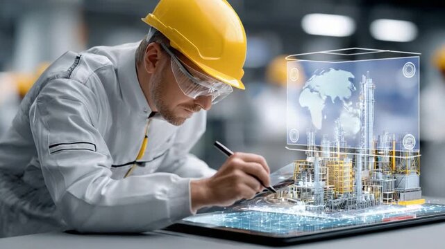 Innovative Blueprint: An engineer in a yellow hard hat meticulously examines a holographic projection, symbolizing a forward-thinking approach to technological advancement. 