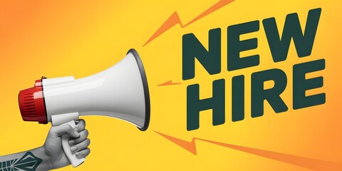 Announcing new hire with powerful megaphone and vibrant background, creating excitement and buzz around company growth and employee success