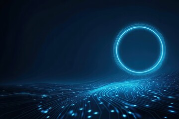 Futuristic design with a glowing neon circle over a network of illuminated lines, blue background