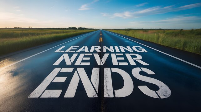 Inspiring road ahead with message of lifelong learning and endless opportunities, perfect for motivational campaigns and educational resources